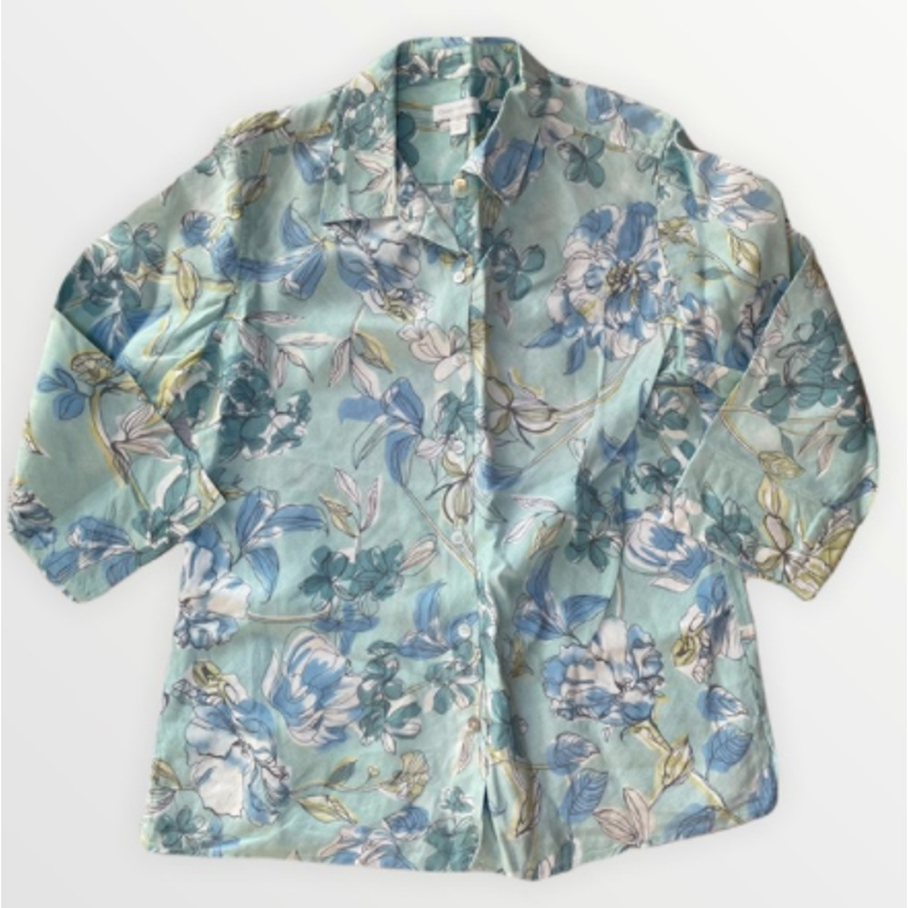 CHARTER CLUB LINEN FLORAL PREPPY BUTTON DOWN GREEN BLUE SHIRT SIZE 10